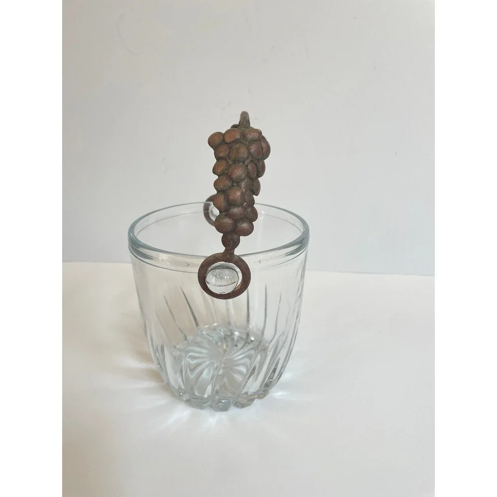 Vintage Clear Swirl Glass Ice Bucket with Grape &‎ Vine Metal Handle Barware